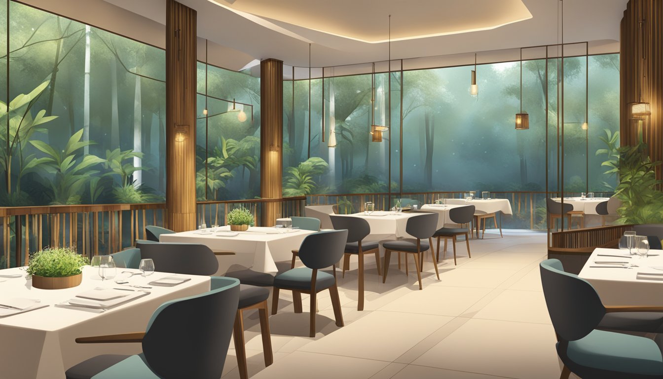 The serene restaurant exudes tranquility with minimalist decor, soft lighting, and natural elements like bamboo and stone