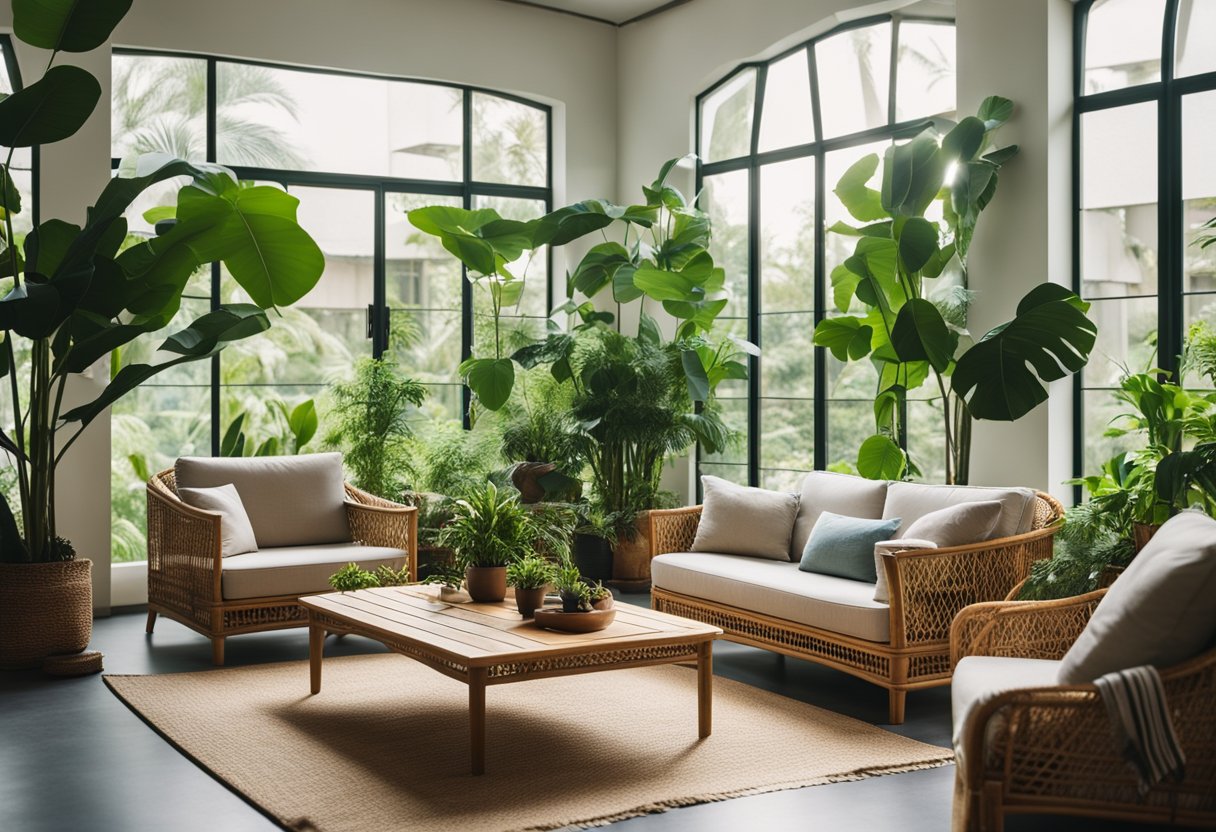 A cozy living room with rattan furniture, surrounded by lush green plants and natural light streaming in through the windows