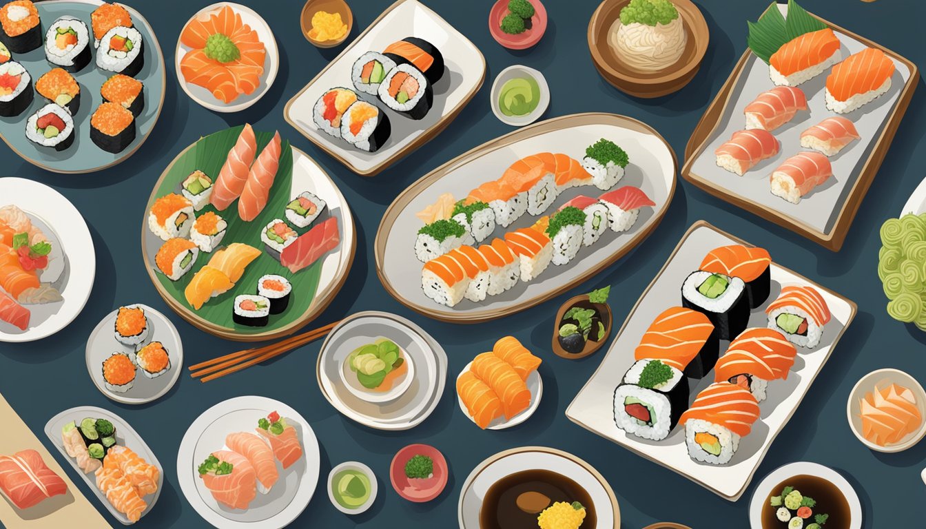 A colorful array of sushi rolls, sashimi, and tempura dishes spread out on traditional Japanese serving plates at Ken Japanese Restaurant