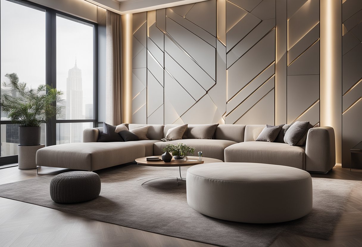 A sleek, minimalist living room with geometric wall panels in neutral tones, accented by warm, indirect lighting