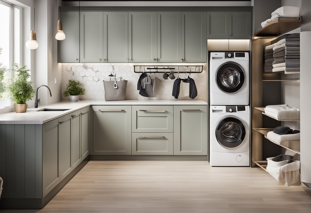 A bright, spacious laundry room with modern appliances, ample storage, and a stylish backsplash. A folding station and hanging space maximize functionality