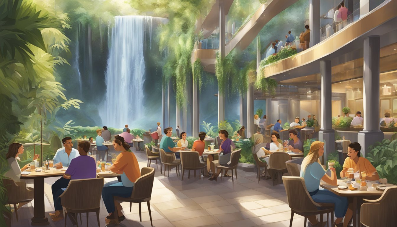 The bustling atrium restaurant features a variety of diners enjoying their meals, surrounded by lush greenery and a cascading waterfall