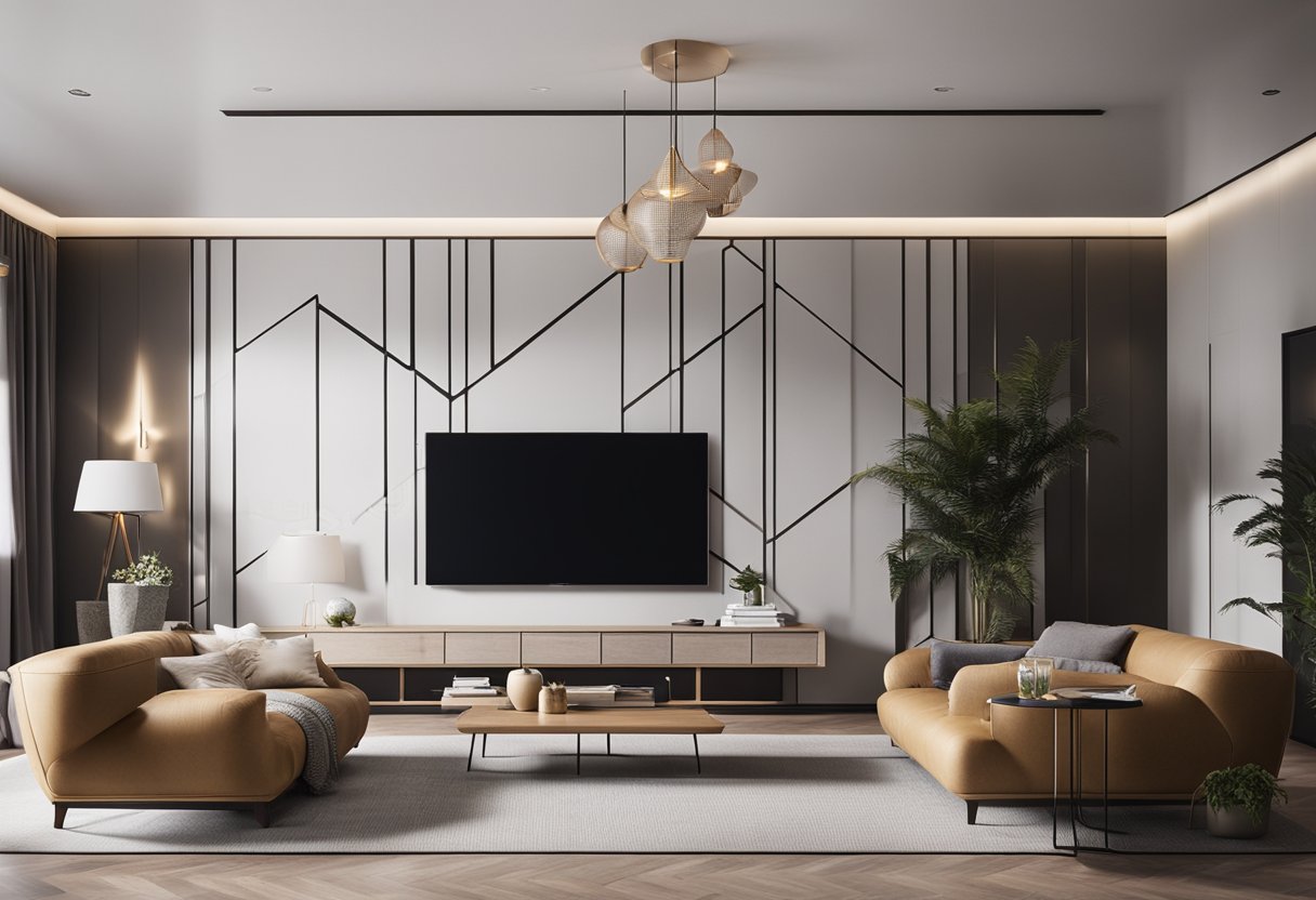 A modern living room with clean lines, minimalist furniture, and a large feature wall with geometric patterns or abstract art