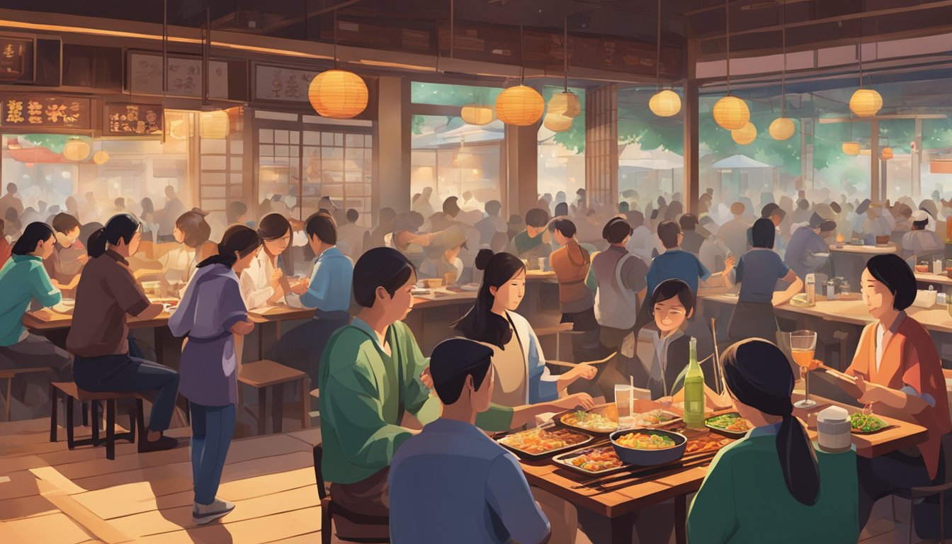 A bustling kazu sumiyaki restaurant with sizzling grills, smoke rising, and customers enjoying skewers and drinks