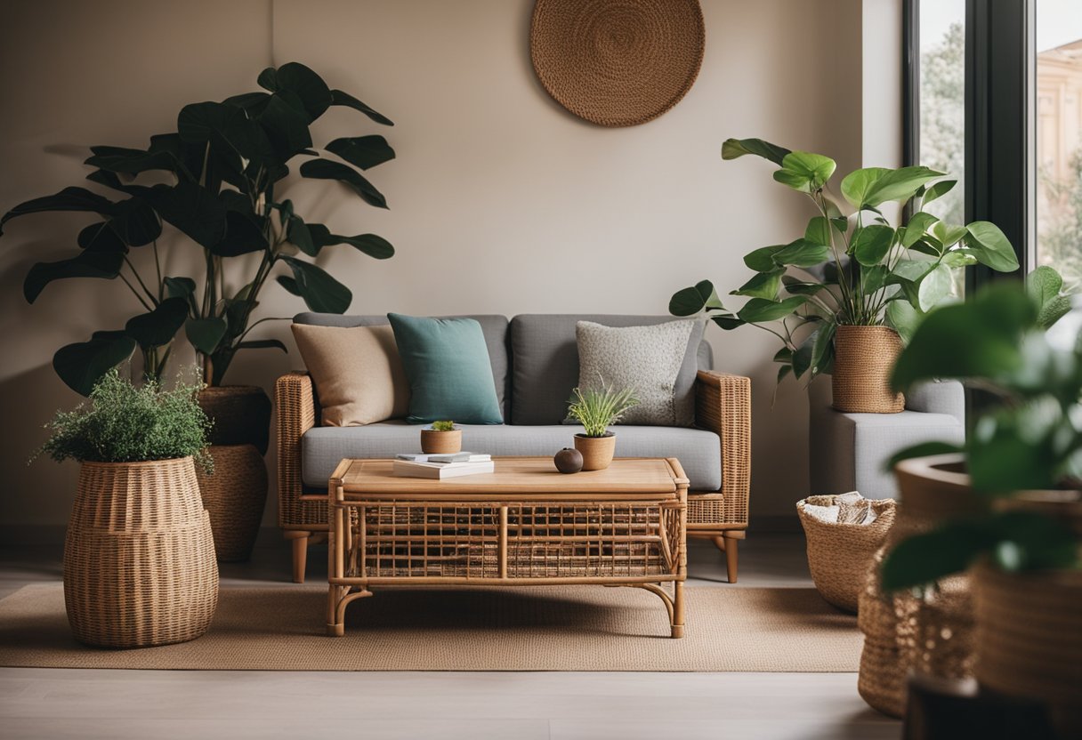 A cozy living room with rattan furniture, a bookshelf, and a potted plant. A person reading a book or sipping tea could be added for a more dynamic scene