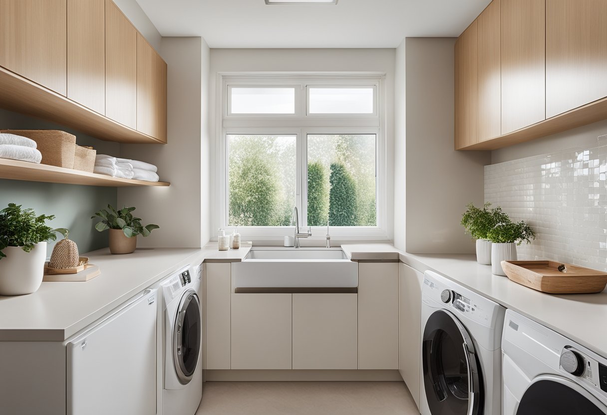 A bright, airy laundry room with sleek, modern appliances, ample storage, and a folding counter. A large window lets in natural light, and a stylish backsplash adds a pop of color