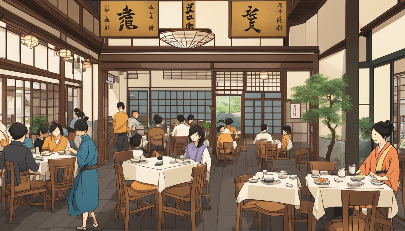 A bustling Japanese restaurant with a welcoming entrance and a sign reading "Visit and Services ken." Tables are filled with patrons enjoying traditional Japanese cuisine