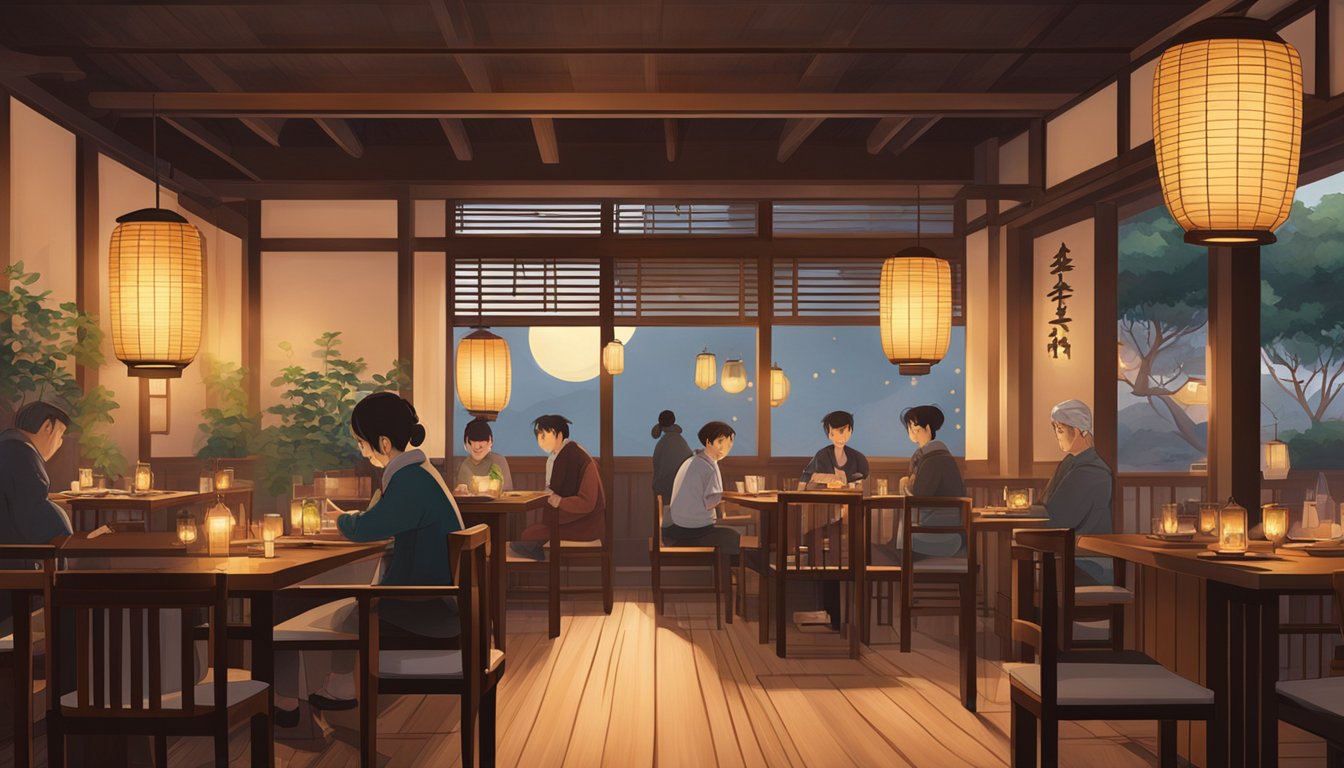 The scene is set in a cozy Japanese restaurant, with a traditional kazu sumiyaki grill as the focal point. The warm, inviting ambiance is accentuated by the soft glow of lanterns and the rich aroma of grilling meats