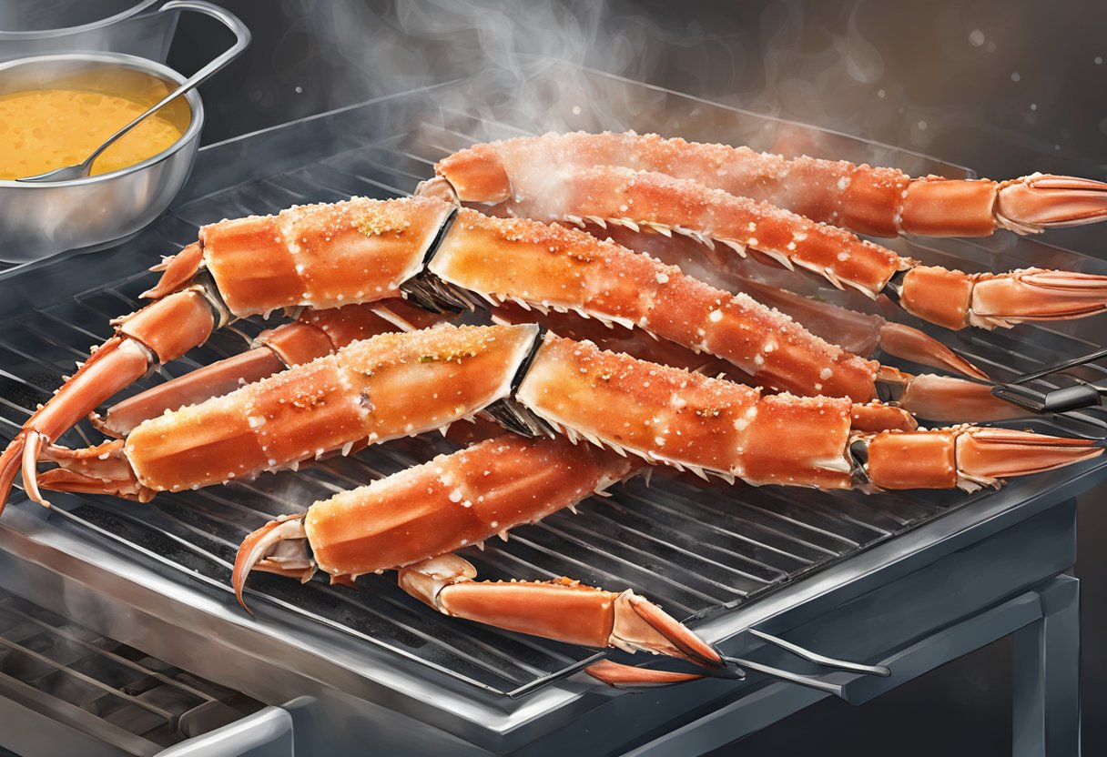 Alaskan king crab legs being seasoned and placed on a grill