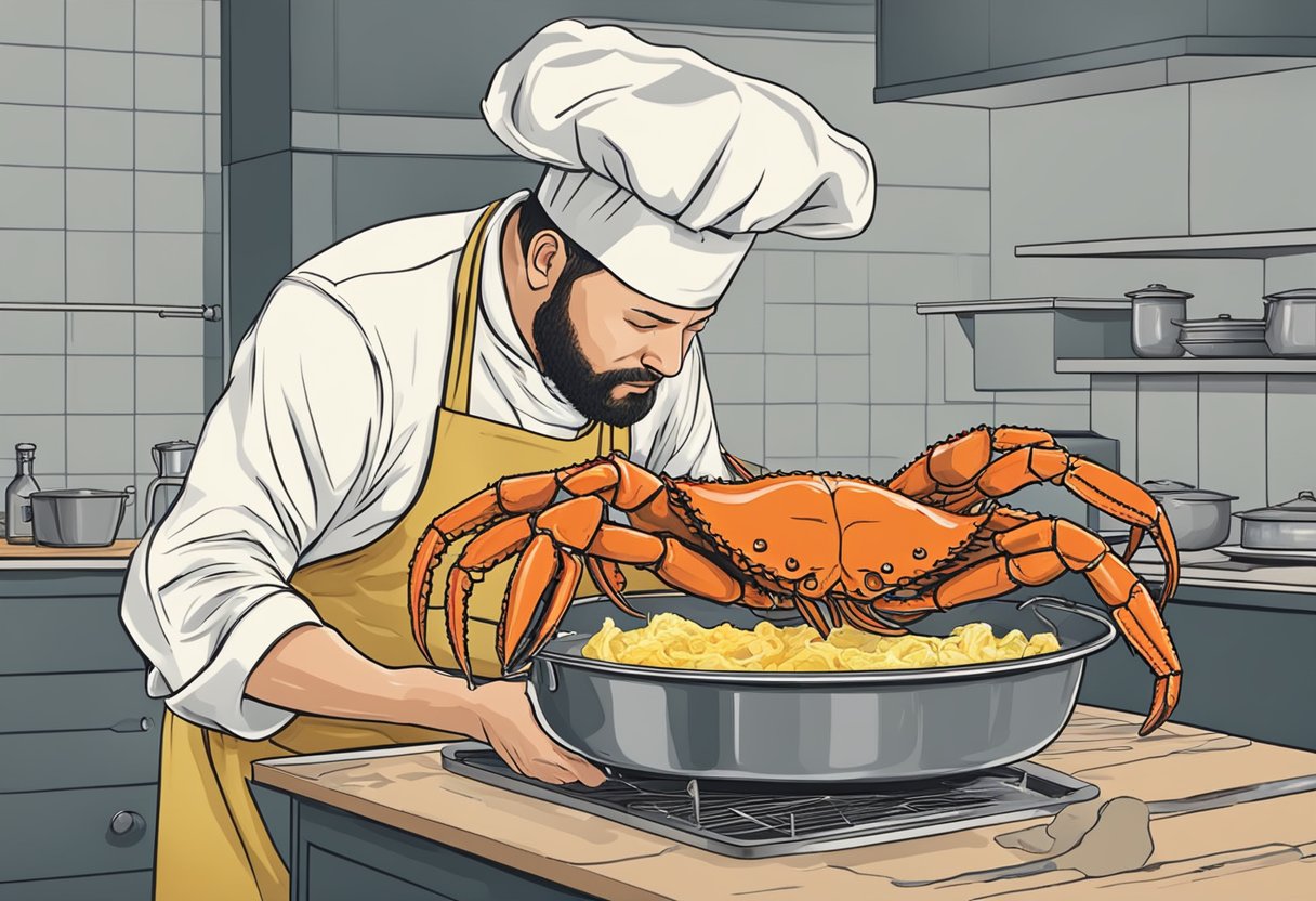 A chef steams a whole alaskan king crab, then cracks and cleans it before serving with melted butter and lemon wedges