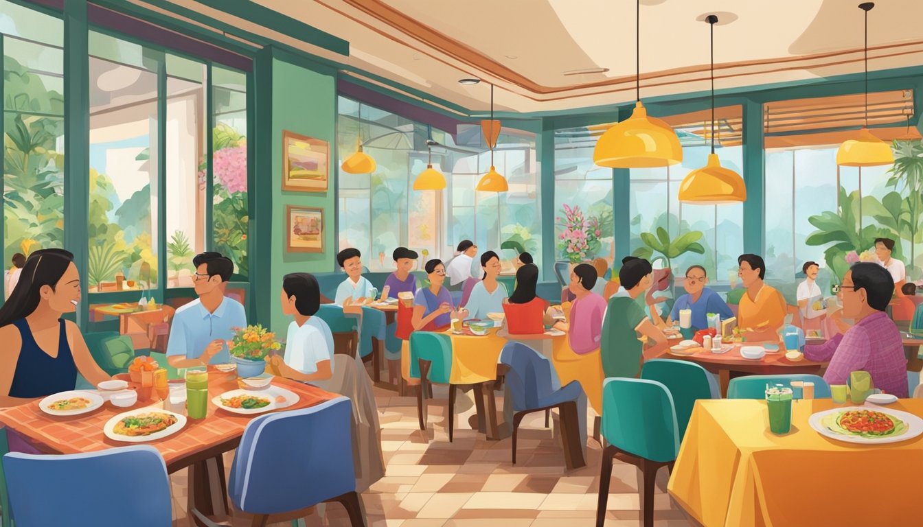 A bustling family restaurant in Singapore, filled with colorful decor and the aroma of delicious cuisine. Tables are adorned with vibrant tablecloths, and the air is filled with the sound of laughter and conversation