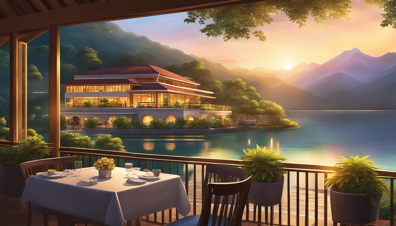 The sun sets behind the mountain as the Puncak restaurant glows with warm light, nestled among lush greenery and overlooking a serene lake