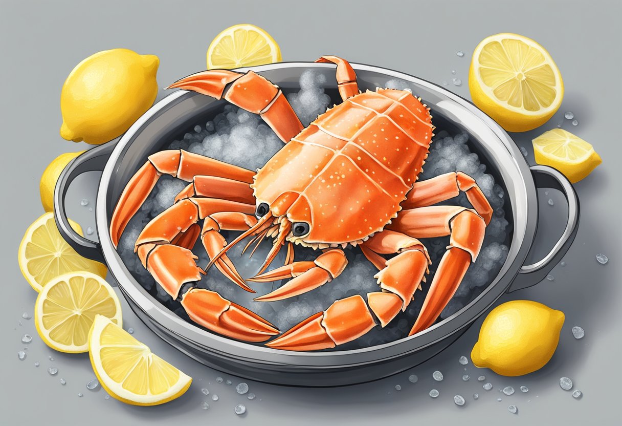 A steaming pot of Alaskan king crab legs surrounded by lemon wedges and melted butter