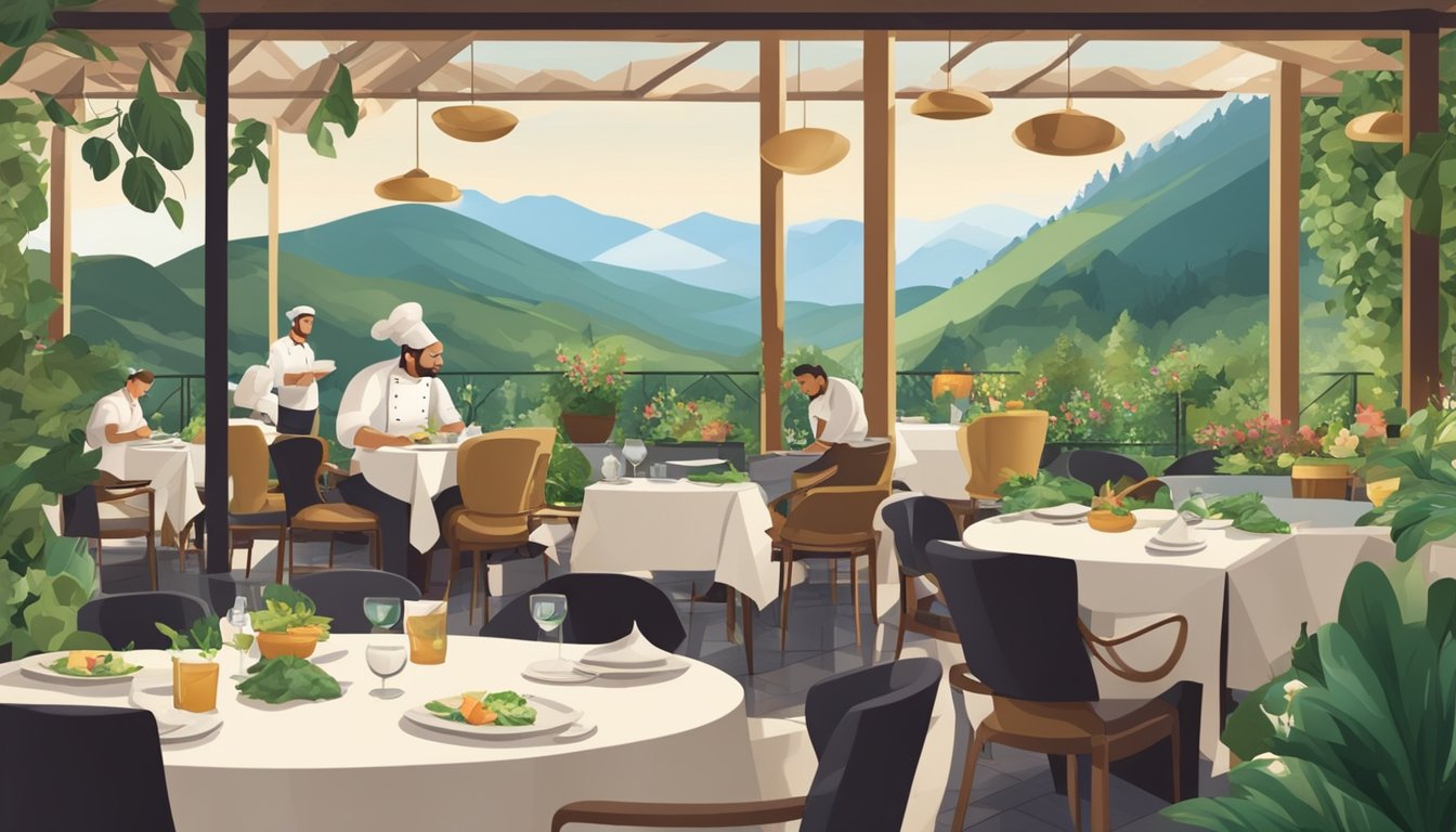 A bustling restaurant with a mountain view. Tables set with elegant tableware, surrounded by lush greenery. A chef busy at work in an open kitchen