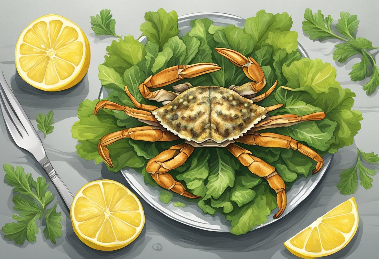 A soft shell crab resting on a bed of lettuce, surrounded by lemon wedges and garnished with fresh herbs