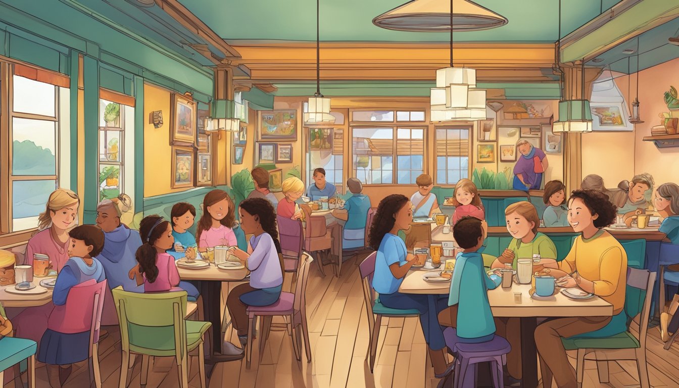 Families enjoying a meal at a cozy restaurant, with colorful decor and a welcoming atmosphere. Tables are filled with happy diners, and the menu offers a variety of kid-friendly options