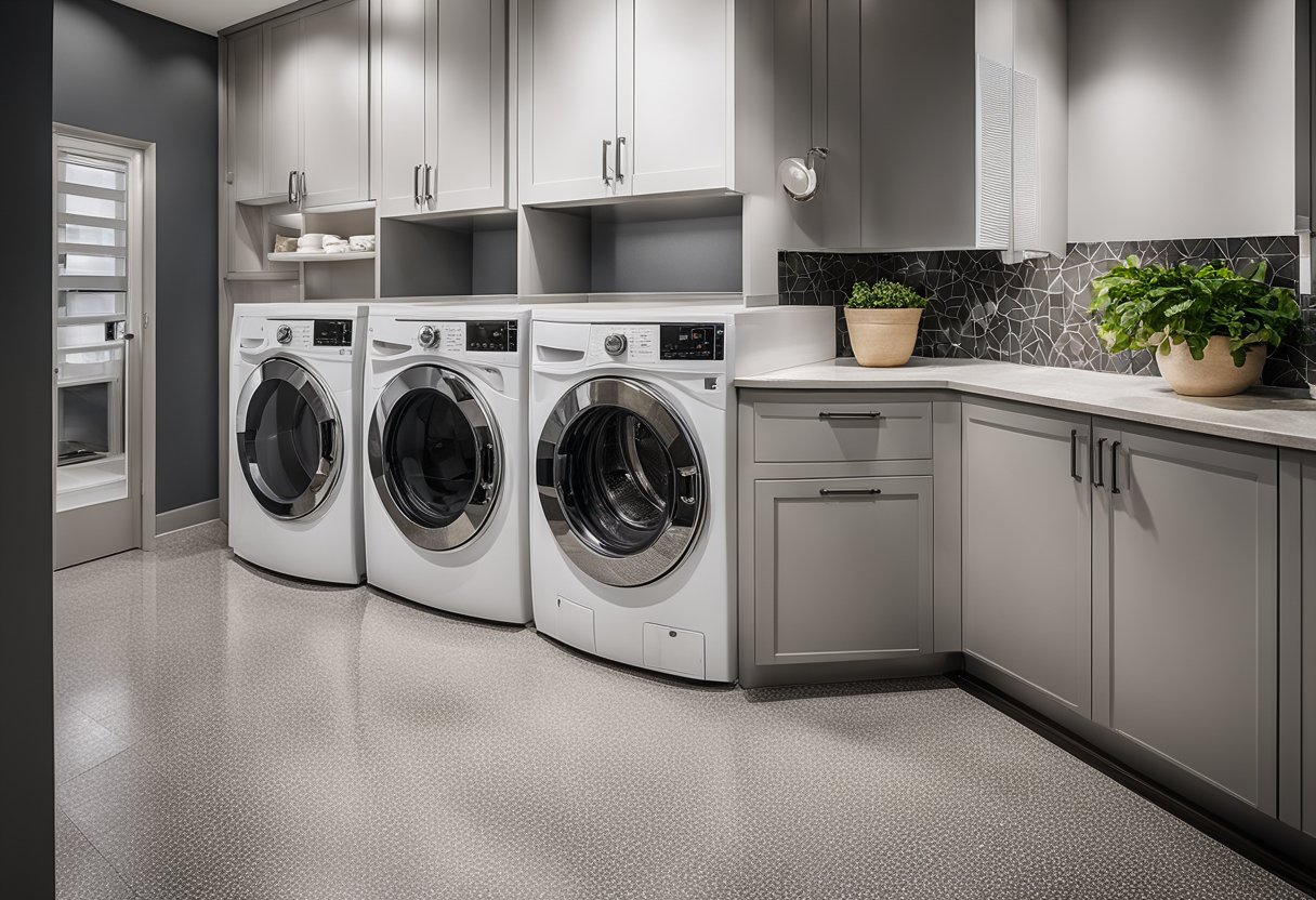 A laundry room with sleek, durable materials like stainless steel, granite countertops, and glossy tile floors for an elegant and long-lasting finish