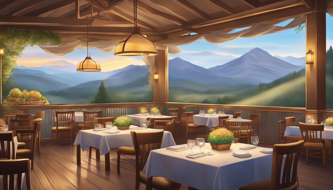 A scenic mountain view overlooks a cozy restaurant with elegant table settings and soft lighting. A warm ambiance invites diners to savor a delightful dining experience