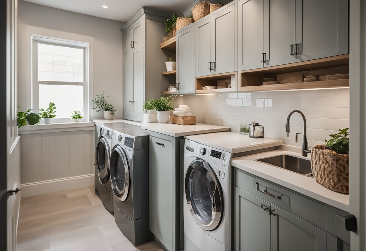 A laundry room with various renovation ideas displayed on a wall, including shelves, cabinets, and countertop options