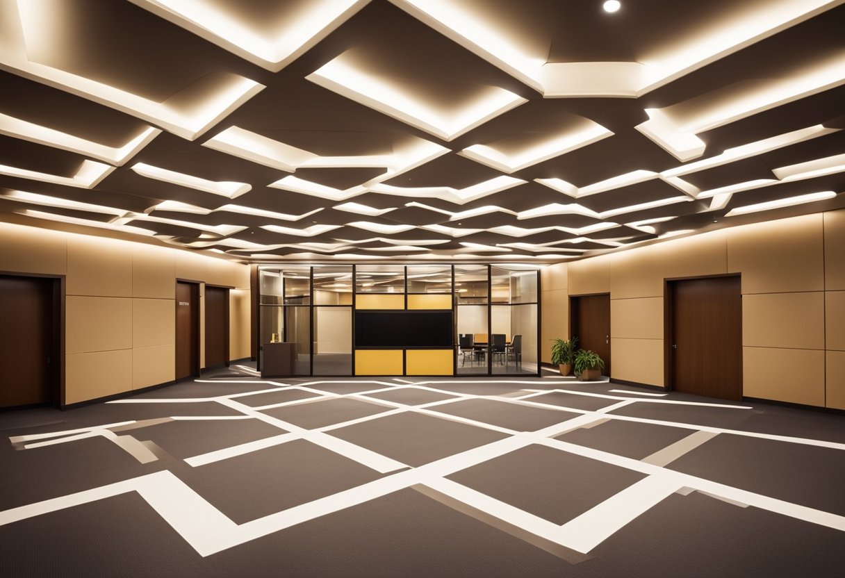 A modern false ceiling with recessed lighting and geometric patterns in an office cabin