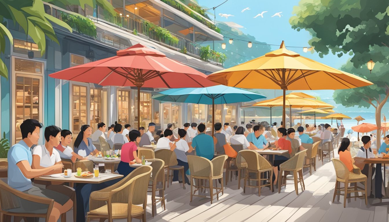 A seaside restaurant in Singapore with colorful umbrellas, bustling waitstaff, and diners enjoying fresh seafood dishes