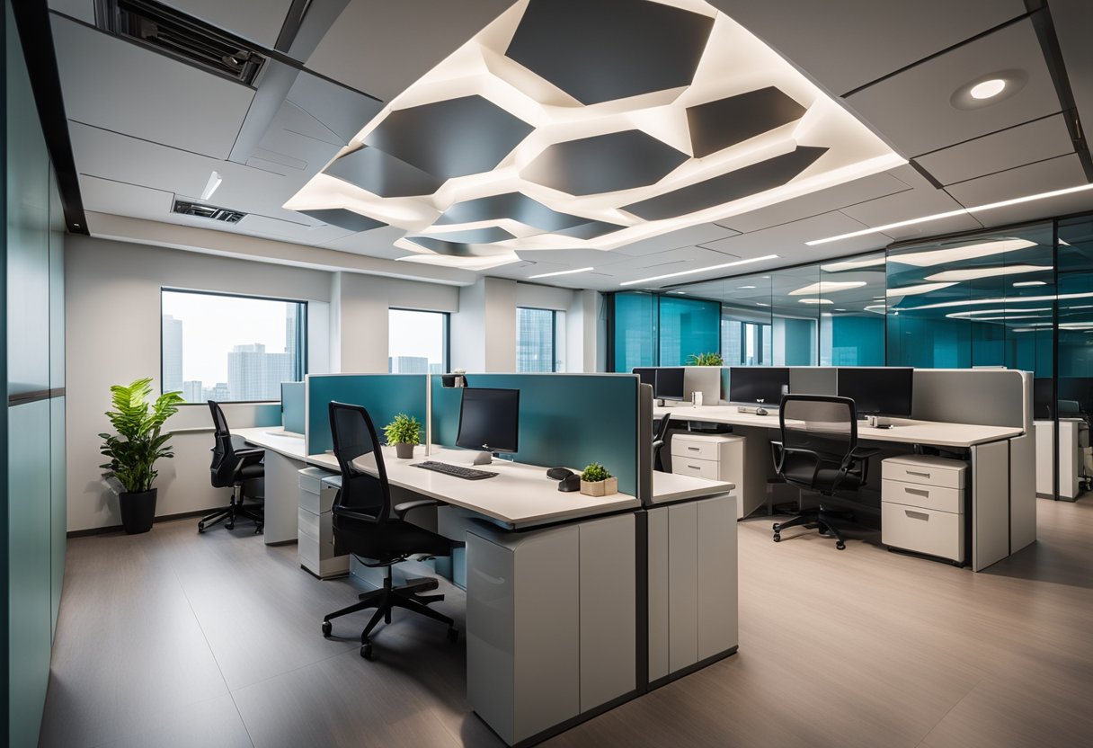 A modern office cabin with innovative false ceiling designs, featuring geometric patterns and integrated lighting