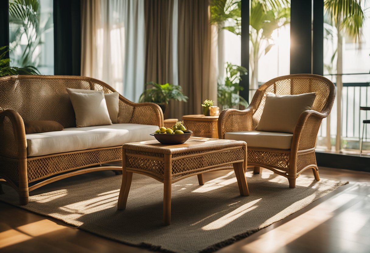 A cozy living room with cane furniture in Singapore. Sunlight streams through the windows, casting warm shadows on the intricately woven chairs and tables