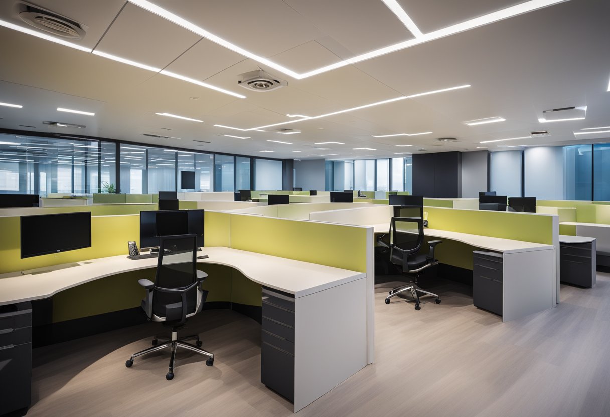 A modern office cabin with sleek false ceiling design, integrated lighting, and functional aesthetics
