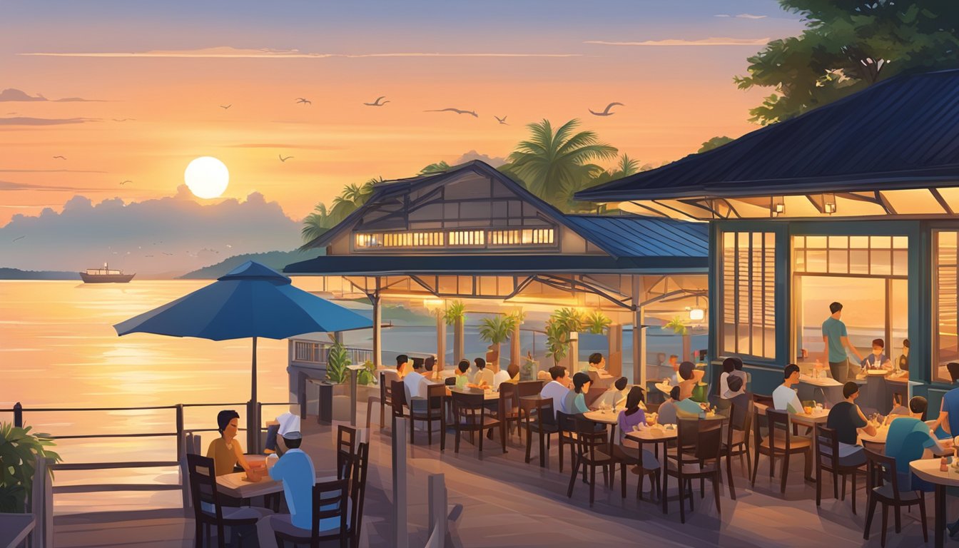 The sun sets over a picturesque seaside restaurant in Singapore, with diners enjoying fresh seafood and stunning ocean views