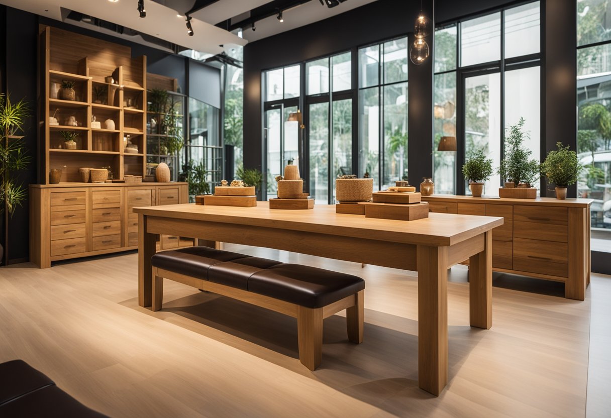 A cozy showroom displays pine wood furniture in Singapore. Sunlight streams through large windows, illuminating the natural grain and warm tones of the wooden pieces