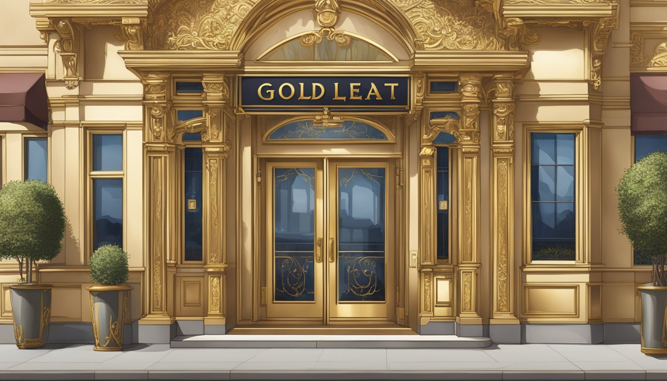 The exterior of Goldleaf Restaurant shines in the sunlight, with a grand entrance and intricate gold detailing. The sign above the door glimmers, inviting guests inside