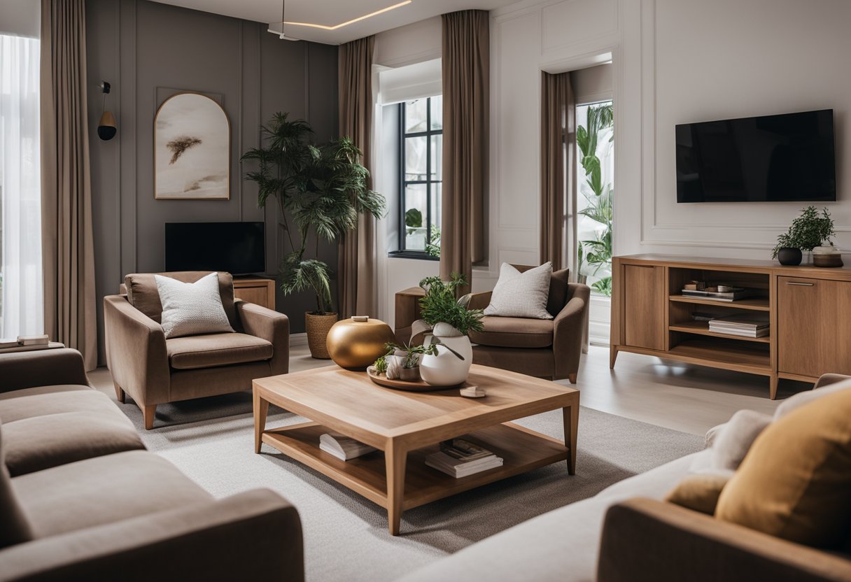 A cozy living room with a sleek pine wood coffee table, surrounded by a comfortable sofa and armchairs. A stack of brochures and a laptop sit on the table, with a sign reading "Frequently Asked Questions about pine wood furniture singapore