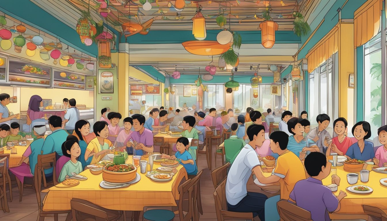 A bustling family restaurant in Singapore, filled with lively chatter and the aroma of sizzling dishes. Tables are adorned with colorful tablecloths and festive decorations, as families gather to enjoy a delicious feast together