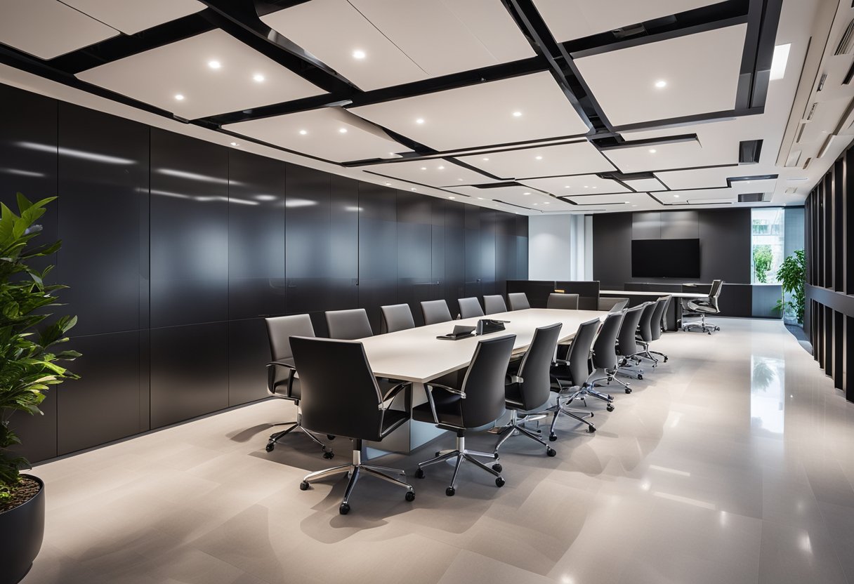 A modern office cabin with a sleek false ceiling design, featuring recessed lighting and geometric patterns