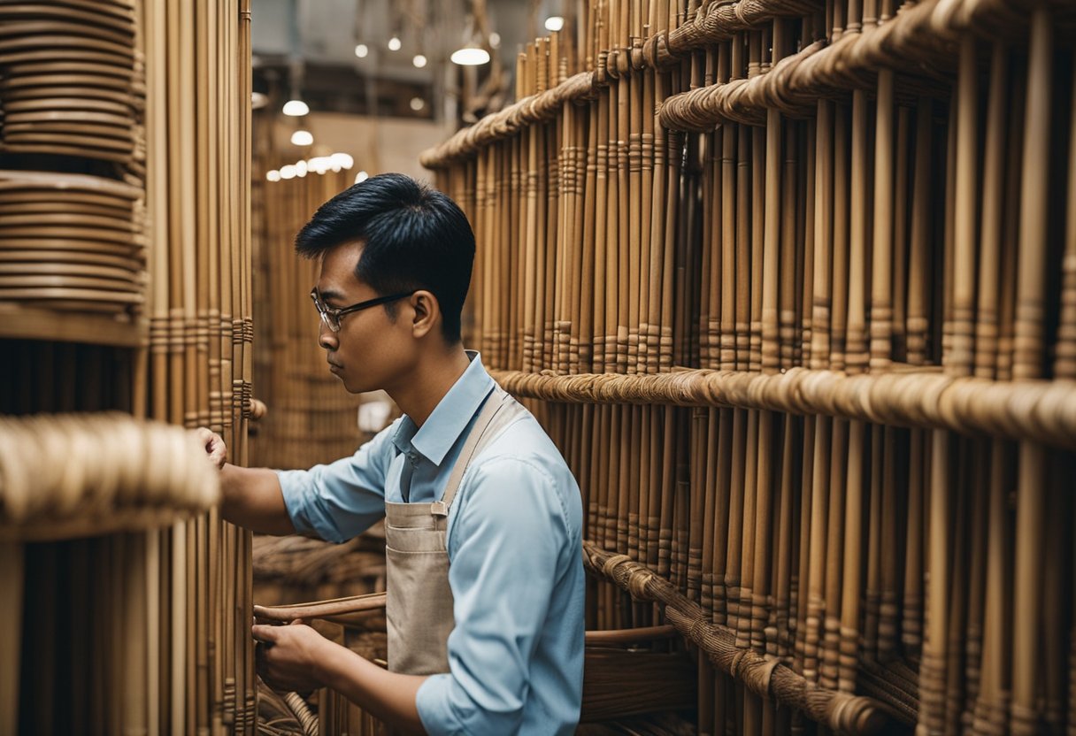 A person examines cane furniture in a Singaporean shop