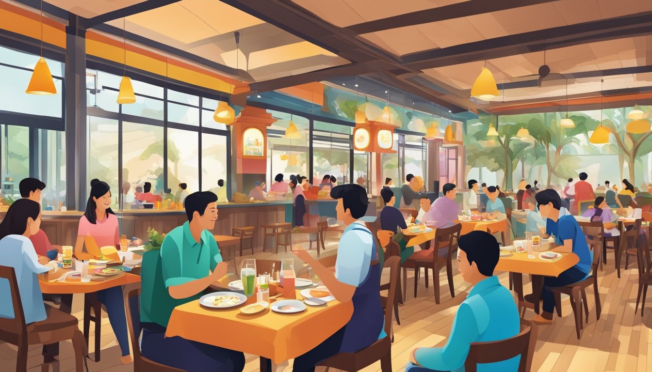 A bustling family restaurant in Singapore, with colorful decor and a welcoming atmosphere. Tables are filled with diners enjoying a variety of delicious dishes