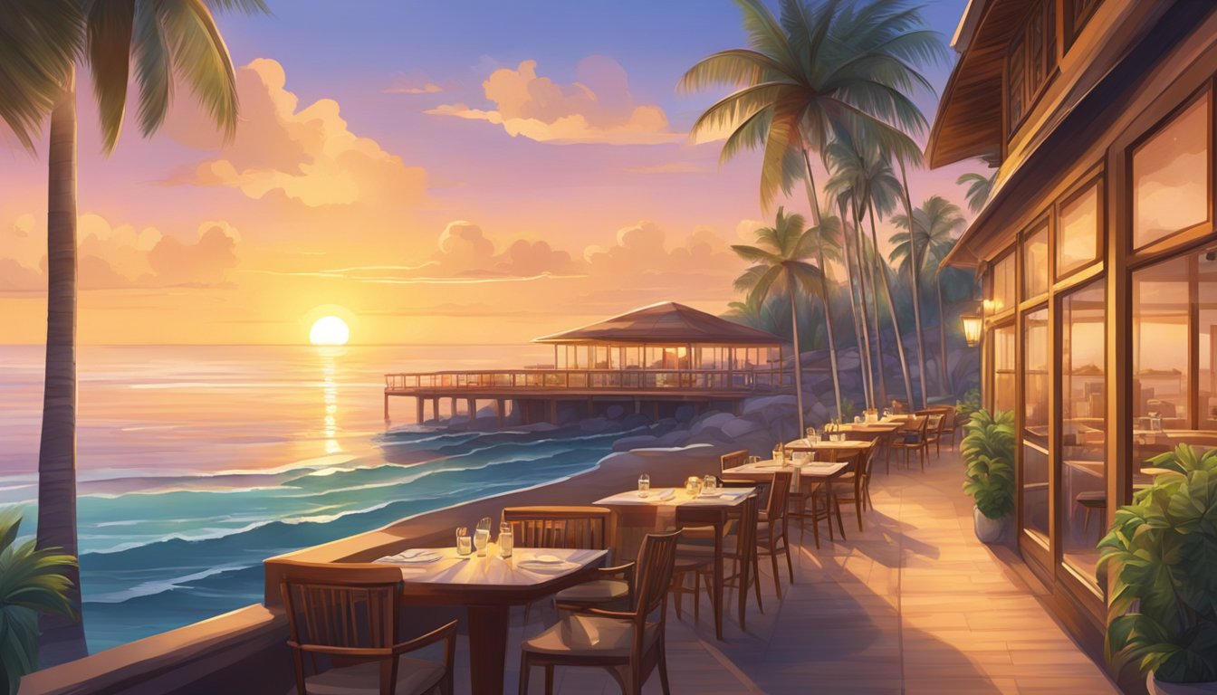 The sun sets over a tranquil seaside restaurant, with palm trees swaying in the breeze and the sound of waves lapping against the shore