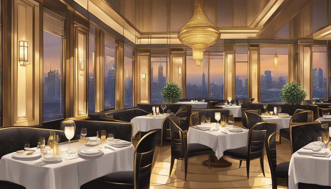 The elegant Goldleaf Restaurant, with its warm lighting and modern decor, overlooks a bustling city skyline, offering a sophisticated and inviting ambiance