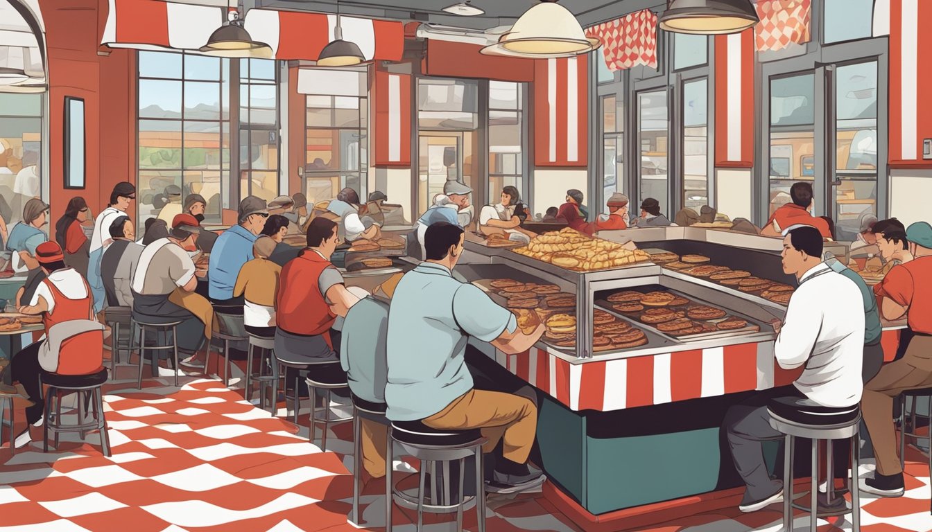 A bustling hamburger restaurant with red and white checkered tablecloths, a sizzling grill, and a line of hungry customers eagerly waiting to place their orders