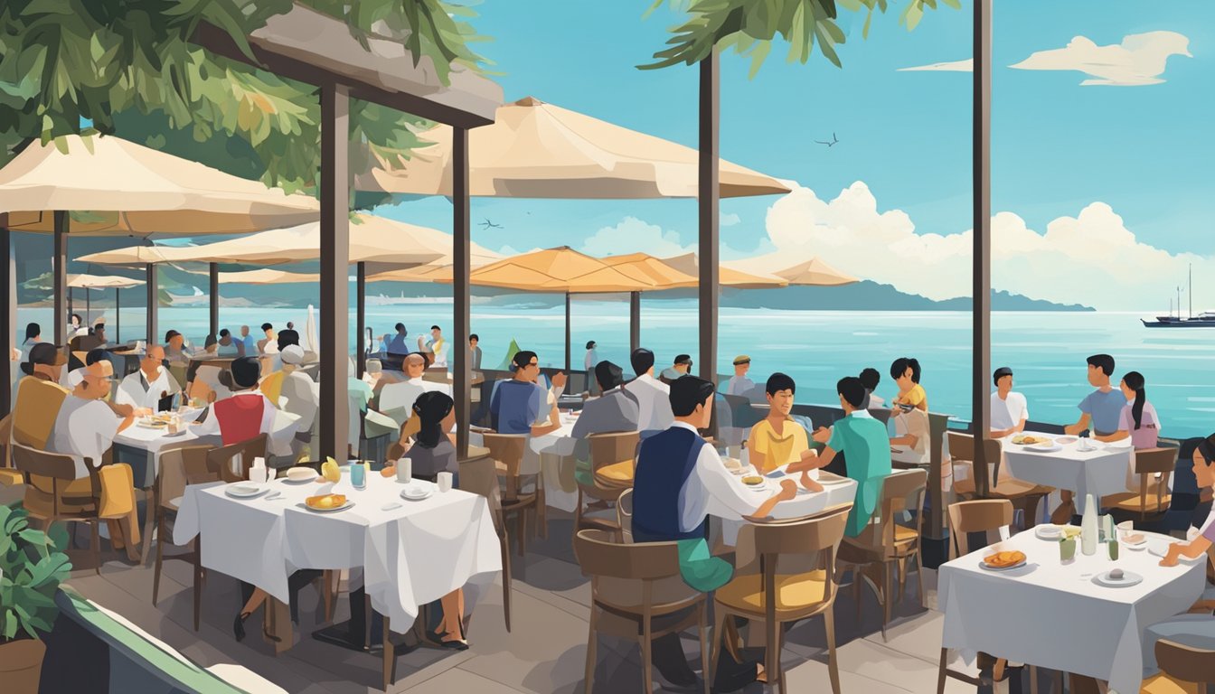 A bustling seaside restaurant in Singapore with diners enjoying the ocean view and waitstaff bustling about