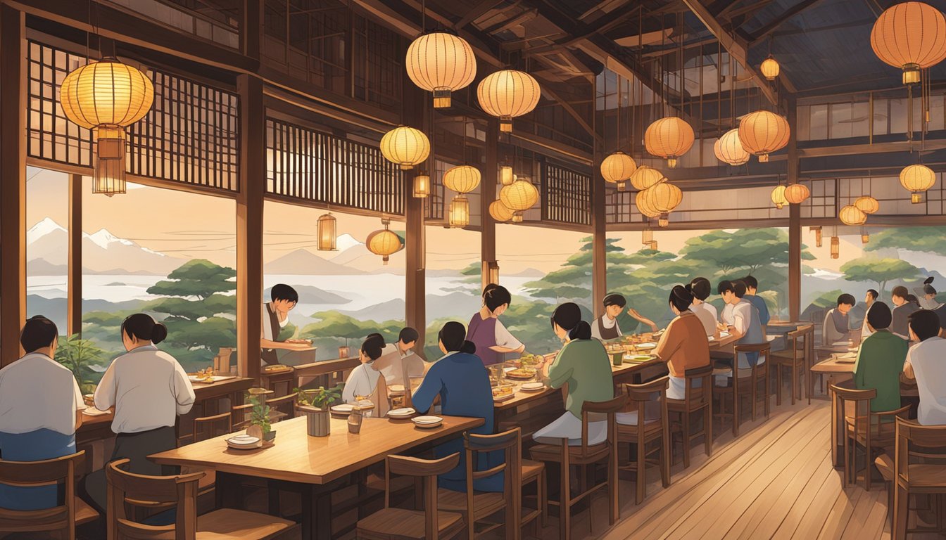A bustling Japanese restaurant with traditional decor, paper lanterns, and wooden tables. Sizzling sounds and savory aromas fill the air as chefs expertly grill skewers over an open flame