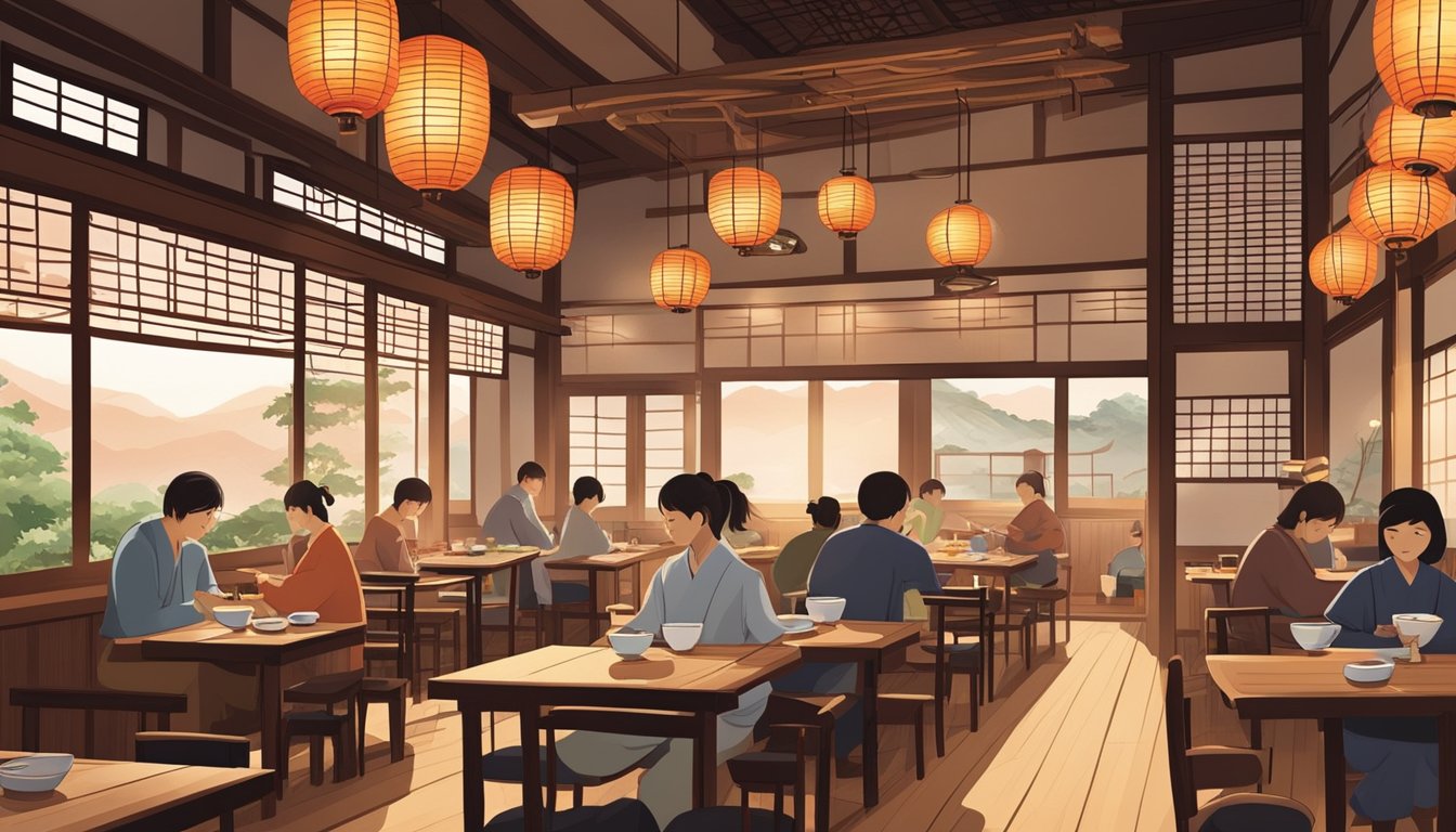 A cozy Japanese restaurant with traditional decor, low tables, and paper lanterns. Sizzling skewers of yakitori and steaming bowls of ramen fill the air with mouthwatering aromas
