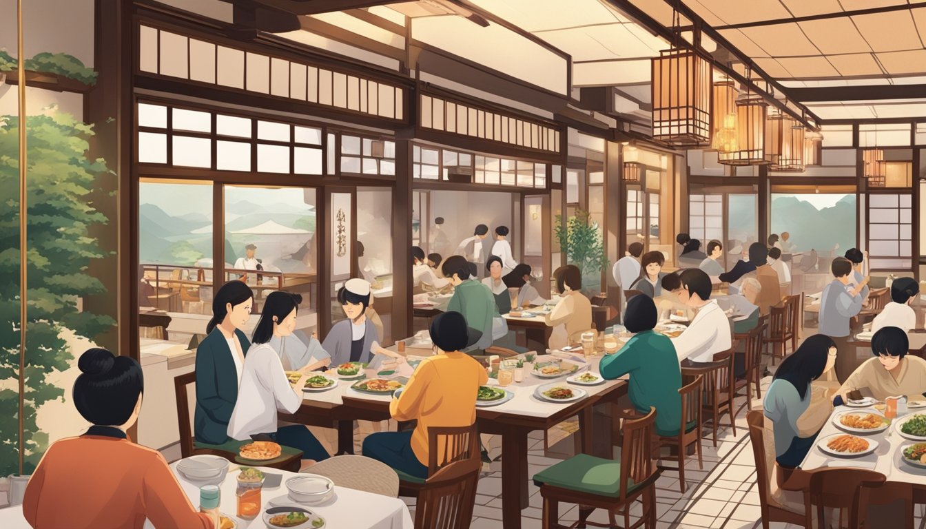 A bustling Japanese restaurant with diners enjoying traditional dishes, while servers attend to tables and the aroma of sizzling skewers fills the air