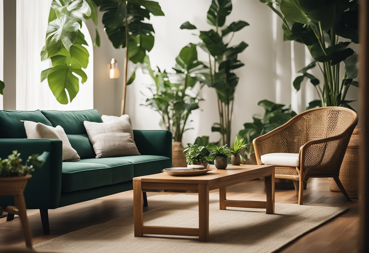 A cozy living room with a stylish cane furniture set, surrounded by lush green plants and warm natural lighting