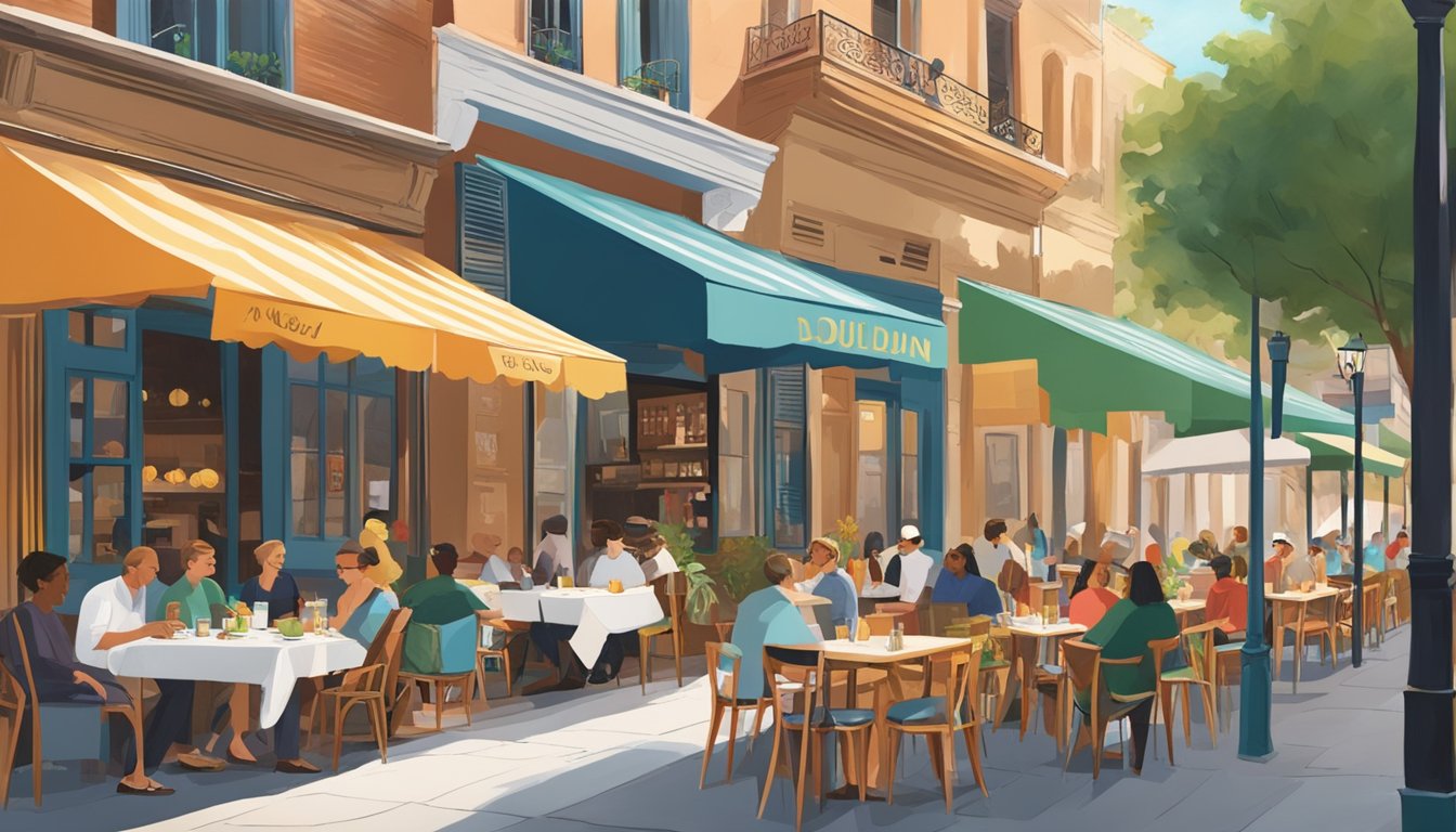 A bustling street with colorful awnings and outdoor seating at Loulou restaurant. Tables filled with diners enjoying delicious food and drinks