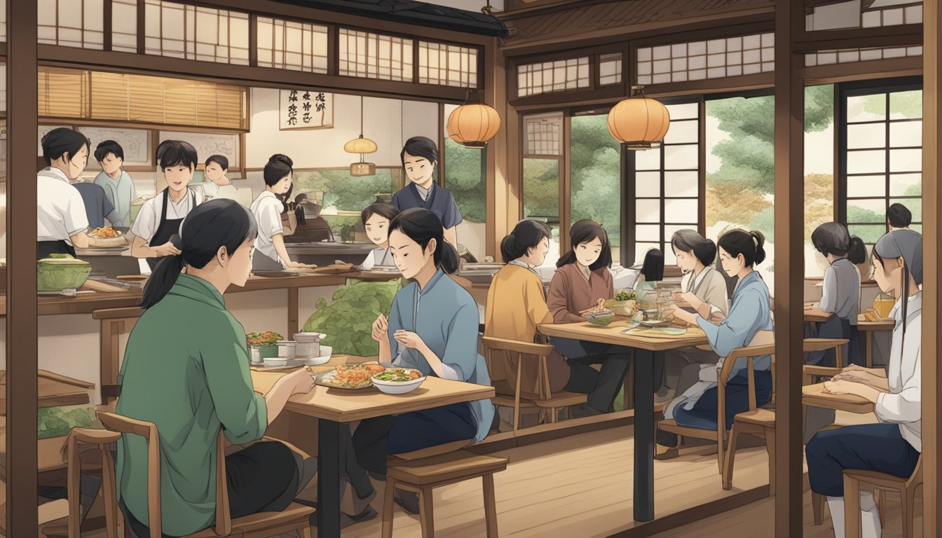 A bustling Japanese restaurant with customers enjoying their meals, waitstaff delivering dishes, and a sign reading "Frequently Asked Questions nanbantei."