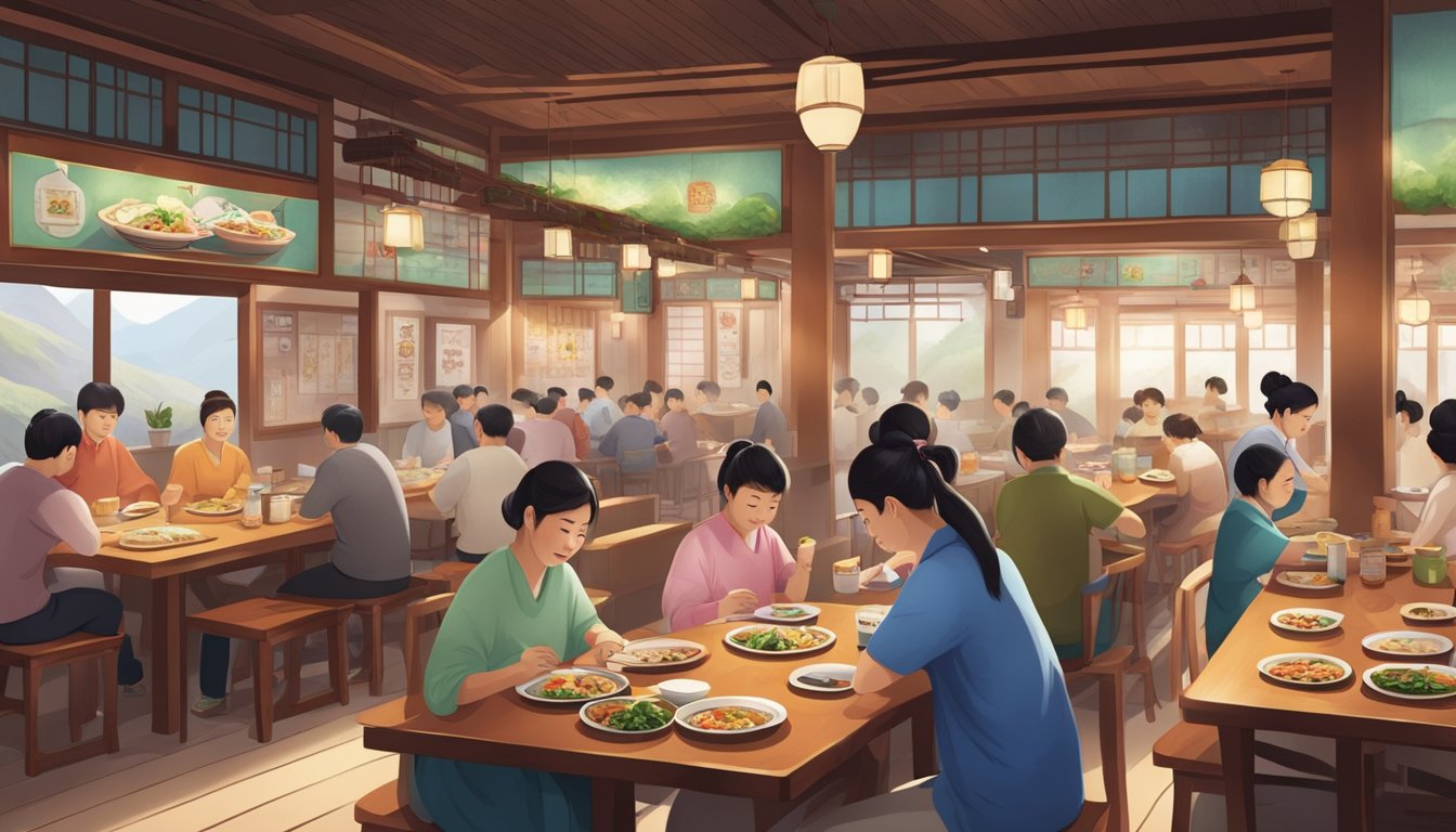A bustling Korean family restaurant with traditional decor and steaming dishes on every table
