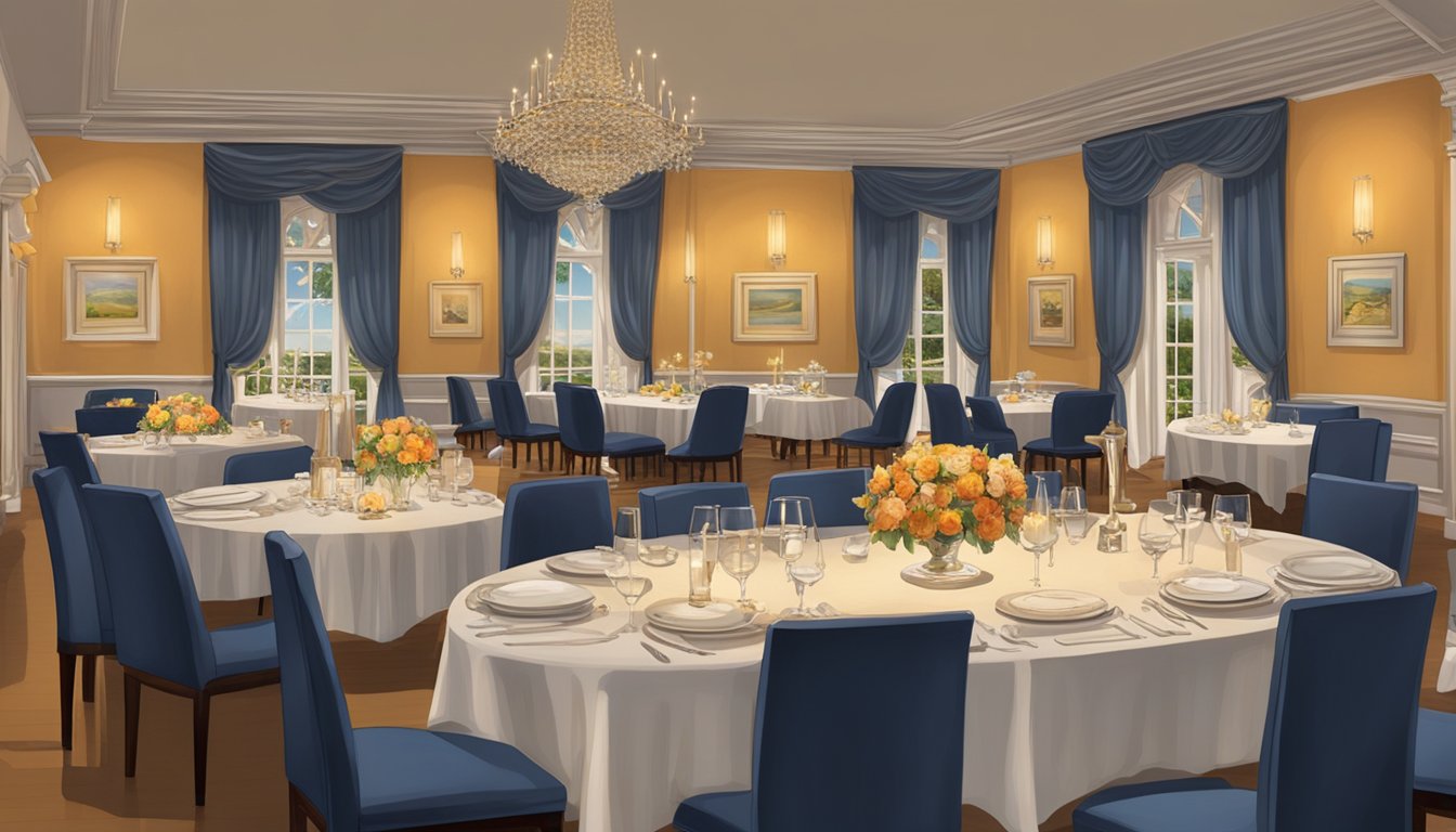 The warm glow of ambient lighting fills the elegant dining room, where tables are set with fine linens and gleaming silverware. A server moves gracefully between the tables, attending to the guests with attentive service
