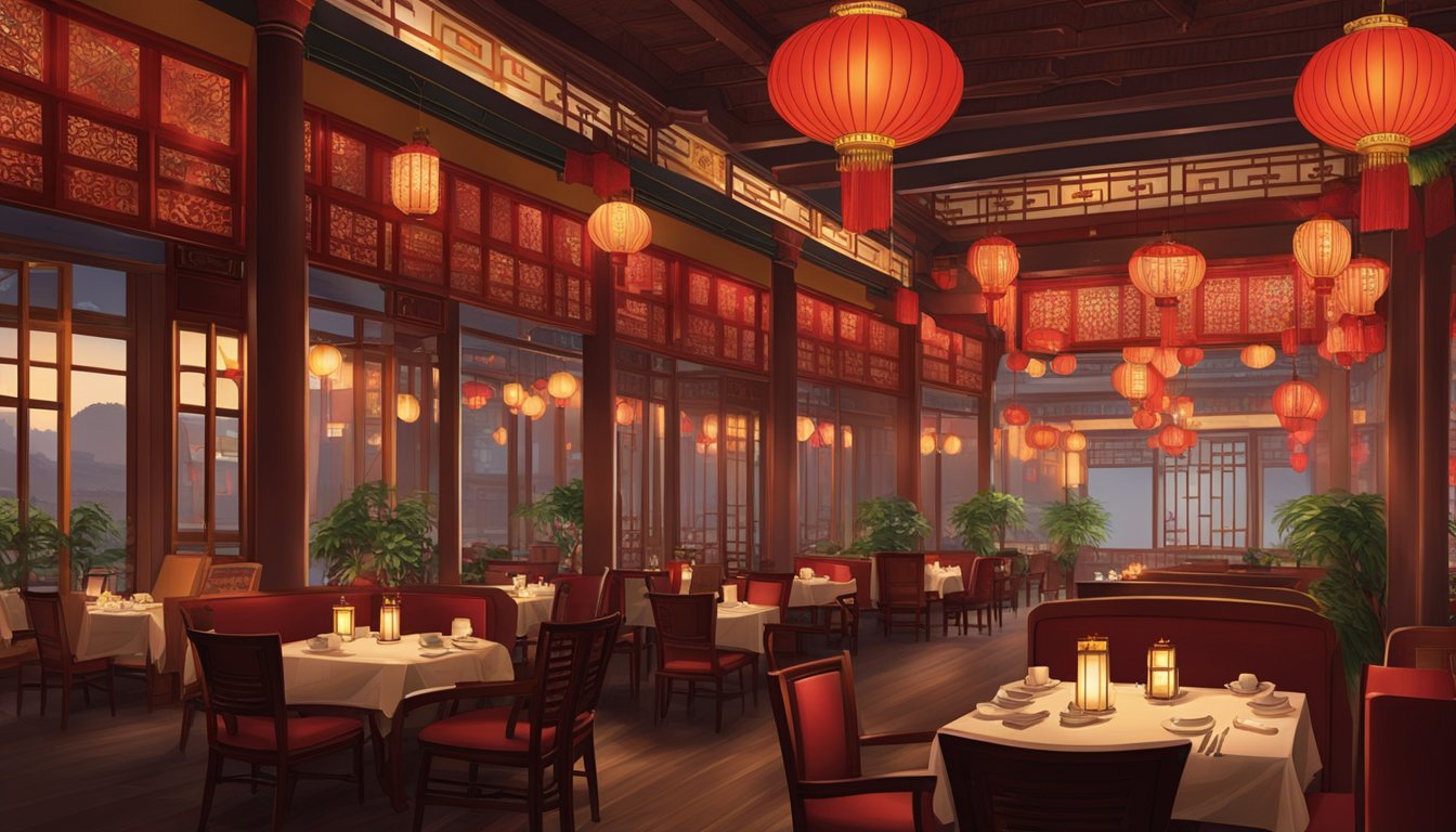 The grand Shanghai restaurant bustles with elegant decor, ornate wooden furniture, and dim lighting. Red lanterns hang from the ceiling, casting a warm glow over the dining area