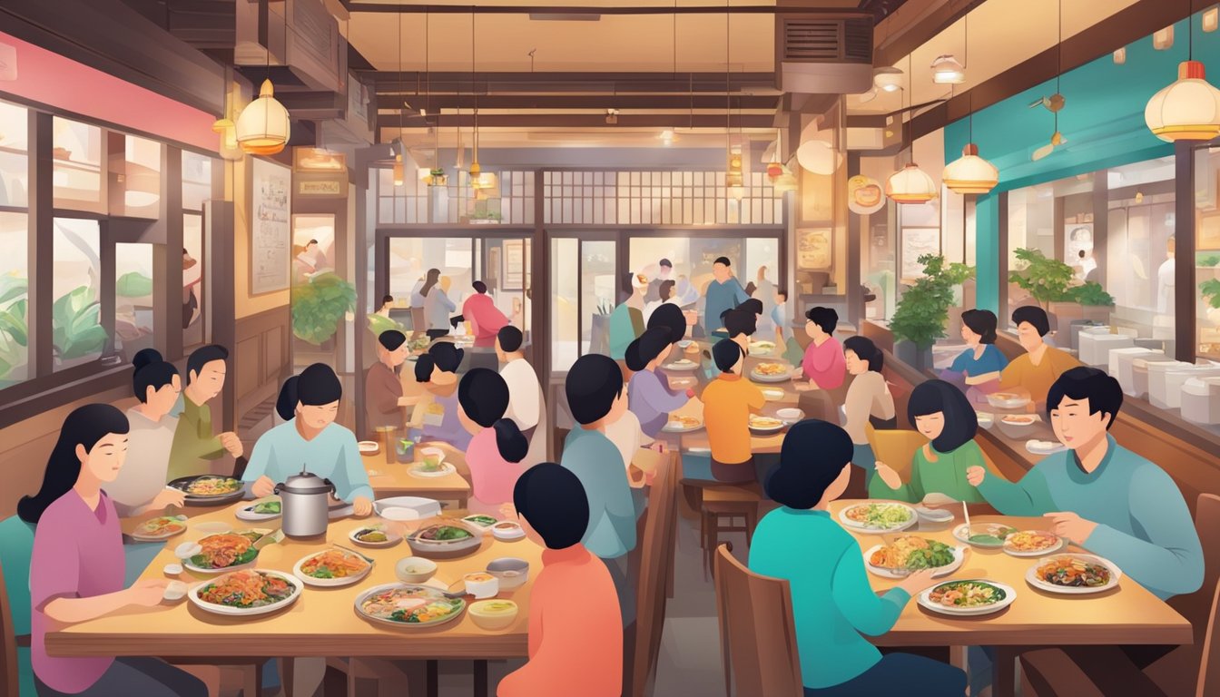 A bustling Korean family restaurant with colorful decor, steaming dishes, and happy customers enjoying their meals